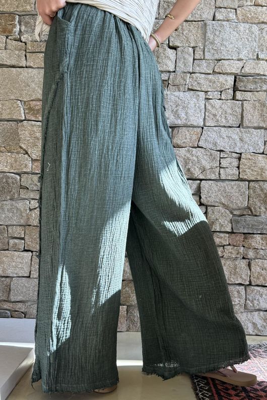 Rustic Nature Bubble Cotton Split Kick Pant Washed Moss